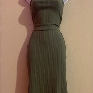 Olive Green Midi Ribbed Stretchy
Spaghetti Strap Dress